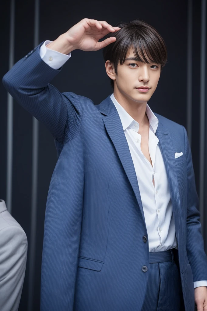 Striped light blue suit、 30-year-old handsome employee、Hair is neat.No short beard.no beard. (Super handsome S-class suit guy)、 Japanese 30-year-old man、 merchant、 Ultra-luxury set、 office、 Stand up in a suitSyoung handsome man、 Full body image、 (CG Unity 8K high-detail photos)、 (a very detailedSThe handsome guy in the class)、 (Photos are real)、 ((top quality))、 Super detailed、 (Masterpiece)、 Ultra high quality、 High、 audience、 gentleman、 very beautiful hair、 short hair、 bright photos、 As handsome as a model、 As handsome as an idol、 Luxury watches、 cool zone、 Japanese