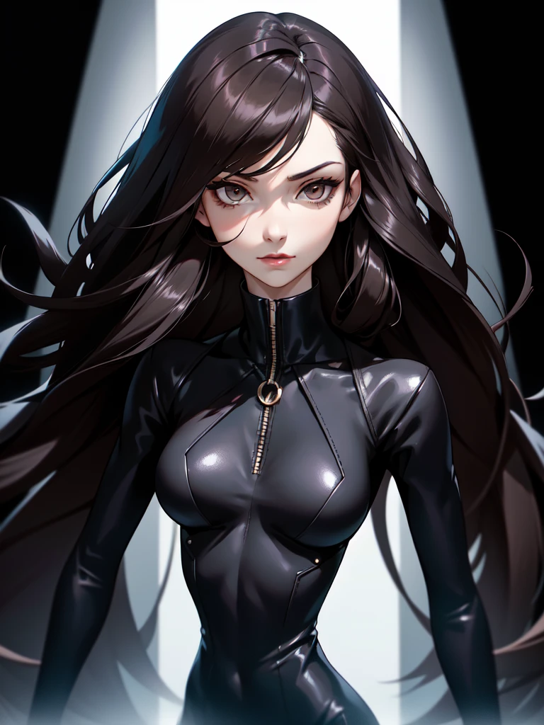 (((Portrait Photo))), She has a Mysterious and Alluring Appearance of a Young Adult, with a Slender and Elegant Build that Radiates Confidence. Her Long, Wavy Black Hair Cascades Down Her Back, Framing Her Pale, Sculpted Face. Her Almond-Shaped, Dark Brown Eyes are Filled with Depth and Secrecy, Hinting at Hidden Stories. She is Dressed in a Chic, All-Black Ensemble, Featuring a Sleek Leather Jacket Over a Form-Fitting Dress and Knee-High Boots. Her Expression is Intense and Captivating, with a Subtle Smirk that Suggests She Knows More Than She Lets On, Adding to Her Enigmatic Charm. (((High Quality, Dark Background))), (((Portrait Photo)))