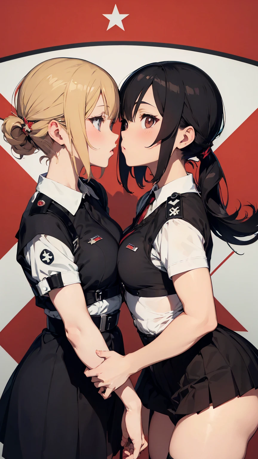 Propaganda poster. Gestapo uniform, female lesbian kawaii sisters kissing passionately wearing Luftwaffe uniforms. 8k. masterpiece. best quality. best artwork. lingerie. swastika insignia. bare breasts