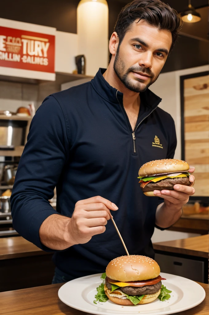 Man offering burger and tea