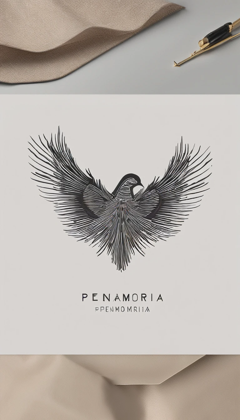 A minimal, modern, simple, cinematic logo design for the brand “Penamemoria". Create a modern, minimalistic, high-quality, logo of a feather-bird