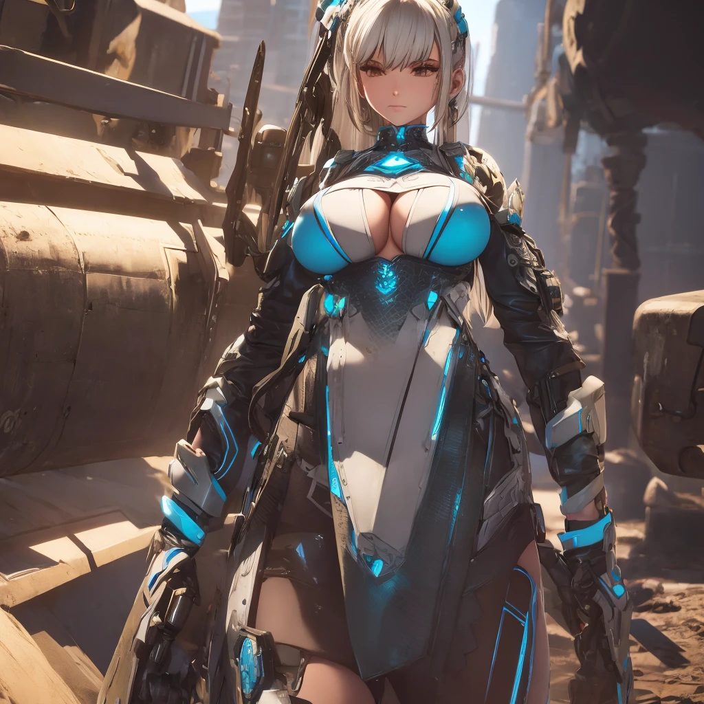 Eve with huge breasts in neon micro nanosuit with huge cleavage in the desert 