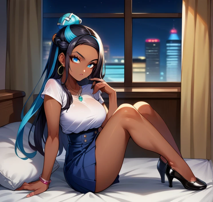 score_9, score_8_up,score_7_up, source_anime, 1girl, solo, EPpkNessa, blue eyes, black hair, blue hair, streaked hair, single hair bun, dark skin, dark-skinned female, necklace, ear piercing,bottonup,high-waist skirt,pantyhoes,heels,bedroom, at a dark room, at night , city view from the window, gyaru,