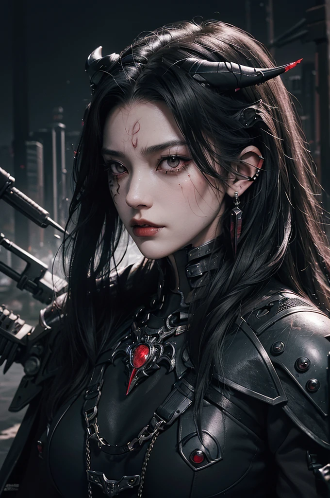 1woman, feminine, messy wolfcut long black hair, black eyes, blood tears, ear piercings, face piercings, blood, scars, tattoos,, bats, mechanical arms, wearing black robot armor, knight, wearing black fur cloak, mechanical wings, mechanical horns, night, high res, ultrasharp, 8k, masterpiece, looking at viewer