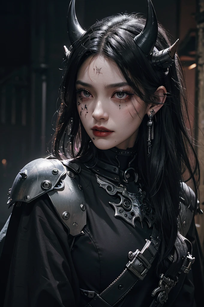 1woman, feminine, messy wolfcut long black hair, black eyes, blood tears, ear piercings, face piercings, blood, scars, tattoos,, bats, mechanical arms, wearing black robot armor, knight, wearing black fur cloak, mechanical wings, mechanical horns, night, high res, ultrasharp, 8k, masterpiece, looking at viewer