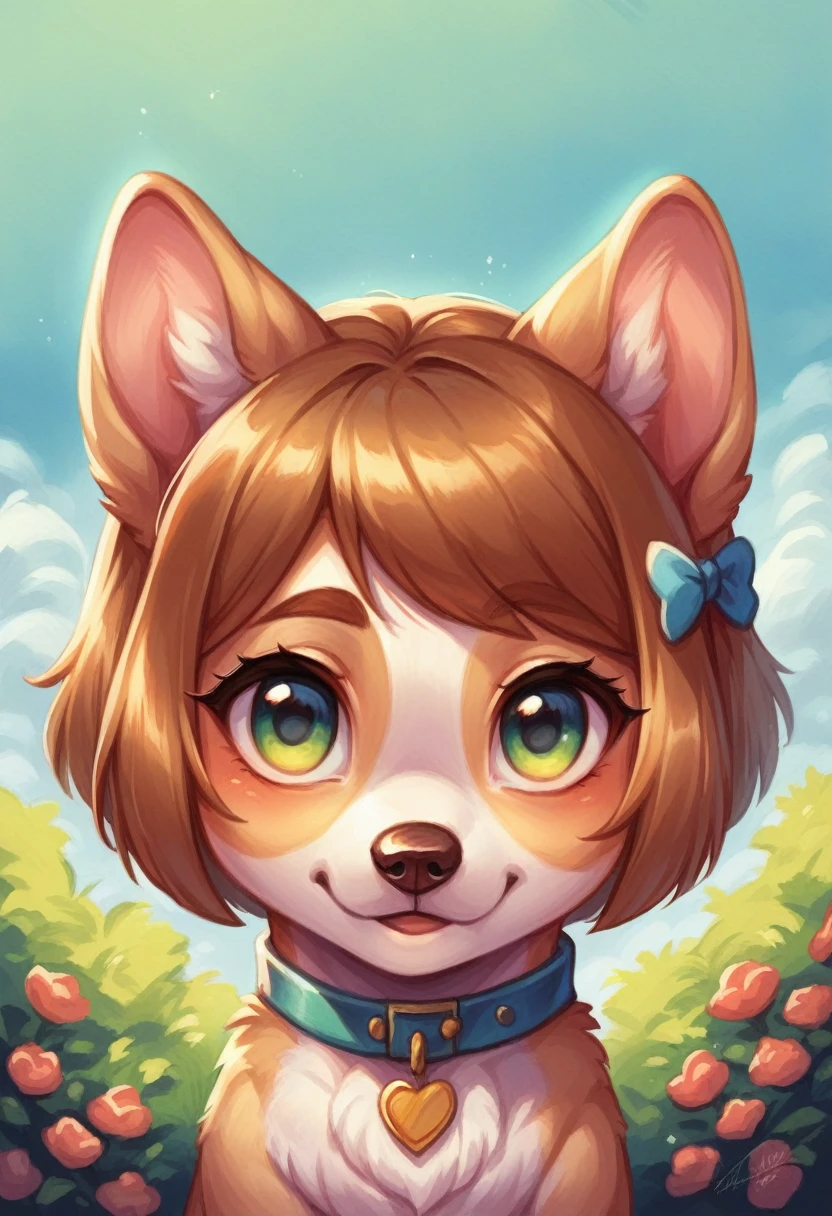 There is a dog with a bow on its head sitting on the ground, showing off, whole body, adorable digital painting, beautiful digital art, beautiful digital art detallado, cute dog, cute dog painting, cute kawaii dog, Beautiful detailed art, pretty portrait, arte de cartoon digital painting, cartoon digital painting, beautiful art, , cute ears, Pretty Cartoonish, pet, kawaii realistic portrait