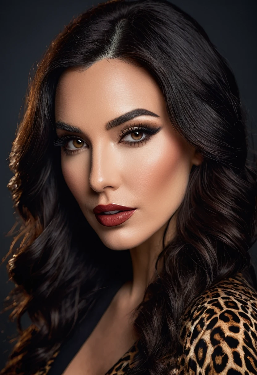 A portrait of Bast from Neil Gaiman's "American Gods." Bast's facial features are a combo of Kim Kardashian + Gal Gadot + Ana Cheri. Bast has long dark hair and amber eyes. Bast wears a black top and an animal-print skirt and black high-heel shoes. Bast has lovely makeup on her face. Bast wears red lipstick. Symmetrical eyes. Symmetrical face. Great details. Photorealistic. Full-colored photo. Professional photo. Highly detailed 8K.