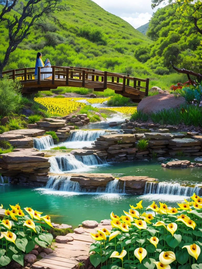 On a ranch with beautiful landscapes, waterfalls and sunflowers, cassavas, chosas, stone fences,a plump 80 year old woman,loose dress ,embroidered apron, walk across a wooden bridge, with bouquets of white calla lilies in their hands.