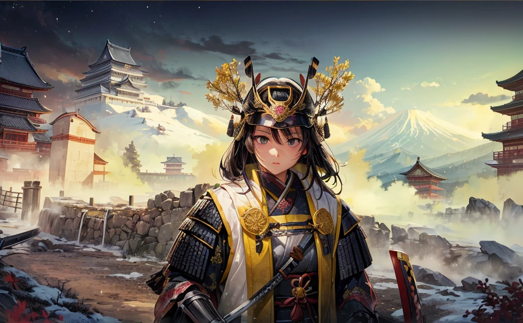 Female, (girls:1.5), (exceptional, best aesthetic, new, newest, best quality, anime, waifu:1.2), best quality, ultra detailed, absurdres, highres, colored, good anatomy, normal eyes, centered eyes, no cockeyed, no cross-eyes black hair, pretty face, Japanese Samurai armor, Samurai helmet, laurel leaves on helmet, swords, cape, Japanese castle, tree, snow mountain, fire,