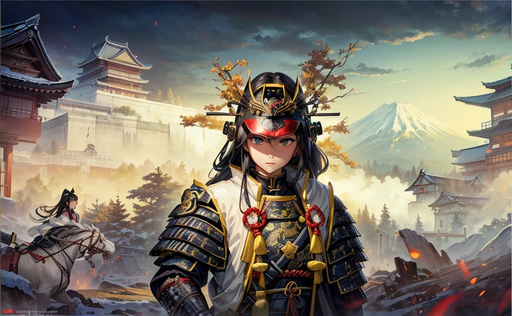 Female, (girls:1.5), (exceptional, best aesthetic, new, newest, best quality, anime, waifu:1.2), best quality, ultra detailed, absurdres, highres, colored, good anatomy, normal eyes, centered eyes, no cockeyed, no cross-eyes black hair, pretty face, Japanese Samurai armor, Samurai helmet, laurel leaves on helmet, swords, cape, Japanese castle, tree, snow mountain, fire,