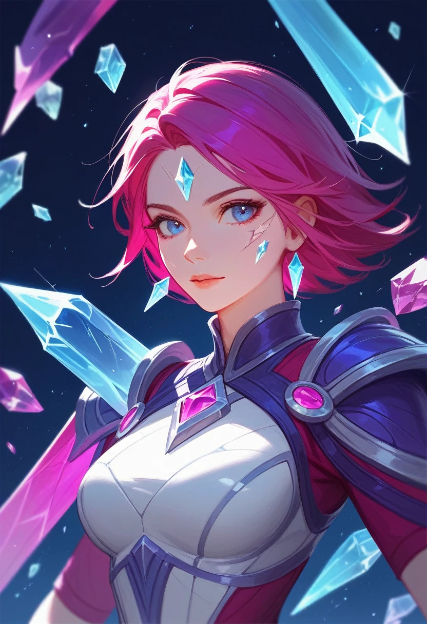 (Fraction_9,Fraction_8_Direction_7_up),1 a woman,(((bust))),Gorgeous female swordsman、League of Legends Matchless Sword Ji,fiona。The mirror is broken, Inspired by Huang Ji,Inspired by Zhou Wenjing, Render character art 8 K,Colorful clothes,Broken glass,