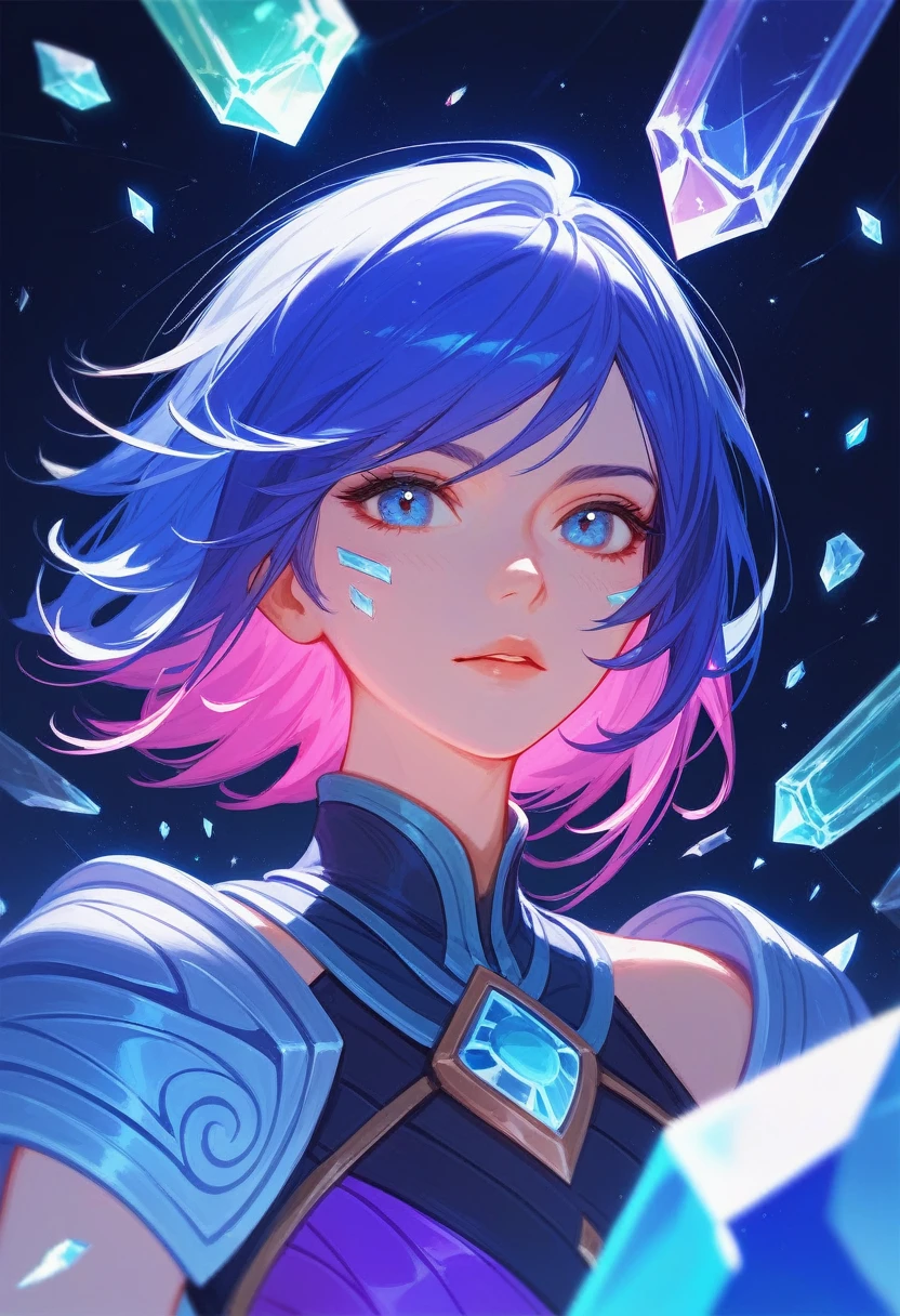 (Fraction_9,Fraction_8_Direction_7_up),1 a woman,(((bust))),Gorgeous female swordsman、League of Legends Matchless Sword Ji,fiona。The mirror is broken, Inspired by Huang Ji,Inspired by Zhou Wenjing, Render character art 8 K,Colorful clothes,Broken glass,