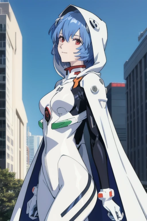 masterpiece, best quality, 1girl, ayanamirei, plugsuit, interface headset, looking at viewer, light smile, city park, upper body, arms_behind_back, hooded white cloak, white and black cape