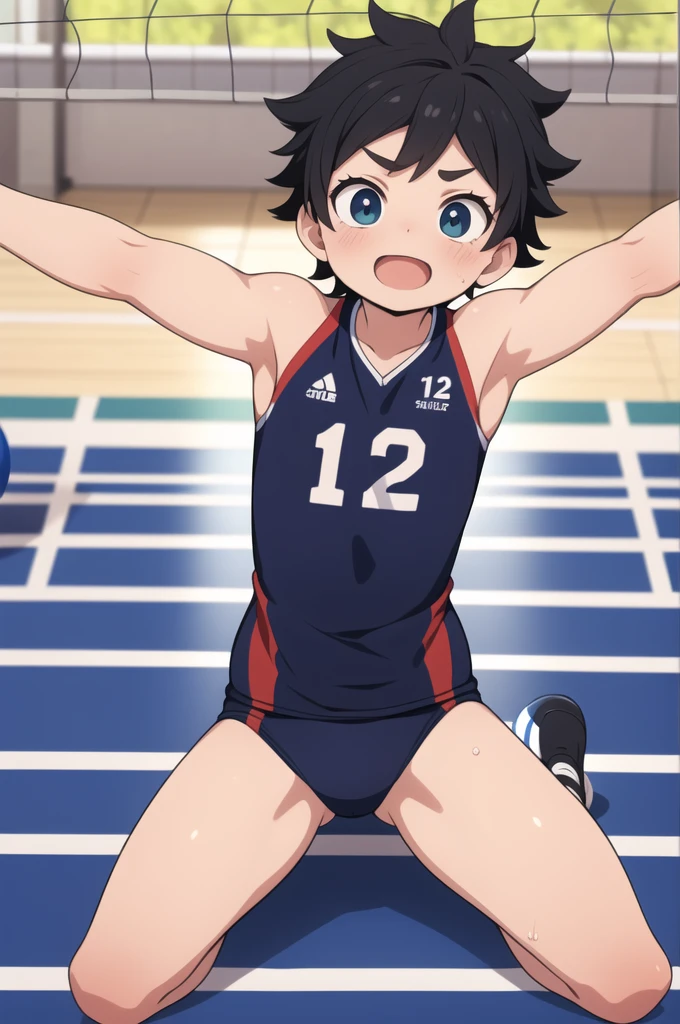 masterpiece, Best Quality, ultra detailed, animated style, backstroke volleyball boy, black and messy hair, with legend that says daler on his back, number 129 on his back, raising your arms, Looking up