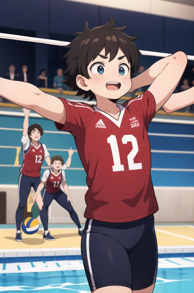 masterpiece, Best Quality, ultra detailed, animated style, backstroke volleyball boy, black and messy hair, with legend that says daler on his back, number 129 on his back, raising your arms, Looking up