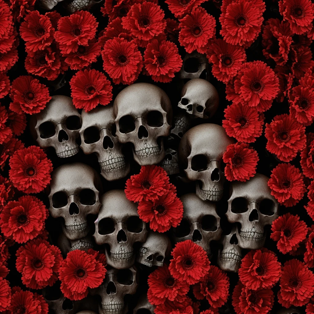 Piles of skulls, far away, skulls with dark crimson flowers growing out of it, crimson flowers,