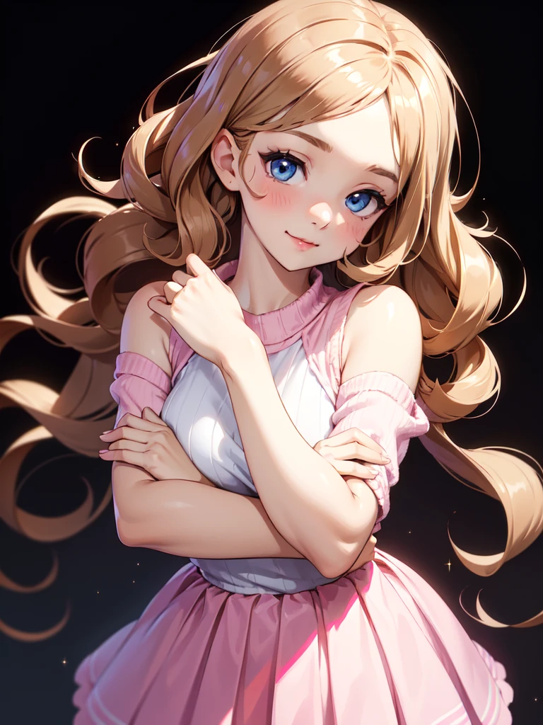 (((Portrait Photo))), She has a Sweet and Innocent Appearance of a Teenager, with a and Delicate Build that Exudes Softness. Her Shoulder-Length, Curly Brown Hair Bounces with Each Step, Framing Her Heart-Shaped Face. Her Big, Doe-Like Blue Eyes Sparkle with Curiosity and Kindness, Drawing People In with Their Gentle Gaze. She is Dressed in a Cute and Casual Outfit, Consisting of a Pastel Pink Sweater, a Pleated Skirt, and Ballet Flats. Her Expression is Warm and Friendly, with a Bright Smile that Radiates Positivity and Approachability, Making Her Instantly Likable. (((High Quality, Dark Background))), (((Portrait Photo)))