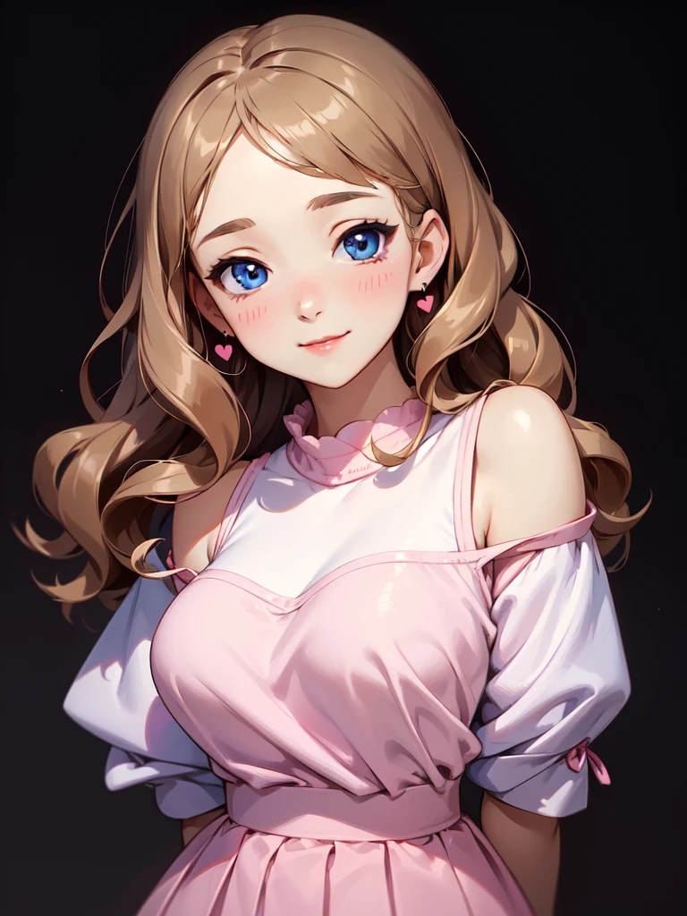 (((Portrait Photo))), She has a Sweet and Innocent Appearance of a Teenager, with a  and Delicate Build that Exudes Softness. Her Shoulder-Length, Curly Brown Hair Bounces with Each Step, Framing Her Heart-Shaped Face. Her Big, Doe-Like Blue Eyes Sparkle with Curiosity and Kindness, Drawing People In with Their Gentle Gaze. She is Dressed in a Cute and Casual Outfit, Consisting of a Pastel Pink Sweater, a Pleated Skirt, and Ballet Flats. Her Expression is Warm and Friendly, with a Bright Smile that Radiates Positivity and Approachability, Making Her Instantly Likable. (((High Quality, Dark Background))), (((Portrait Photo)))