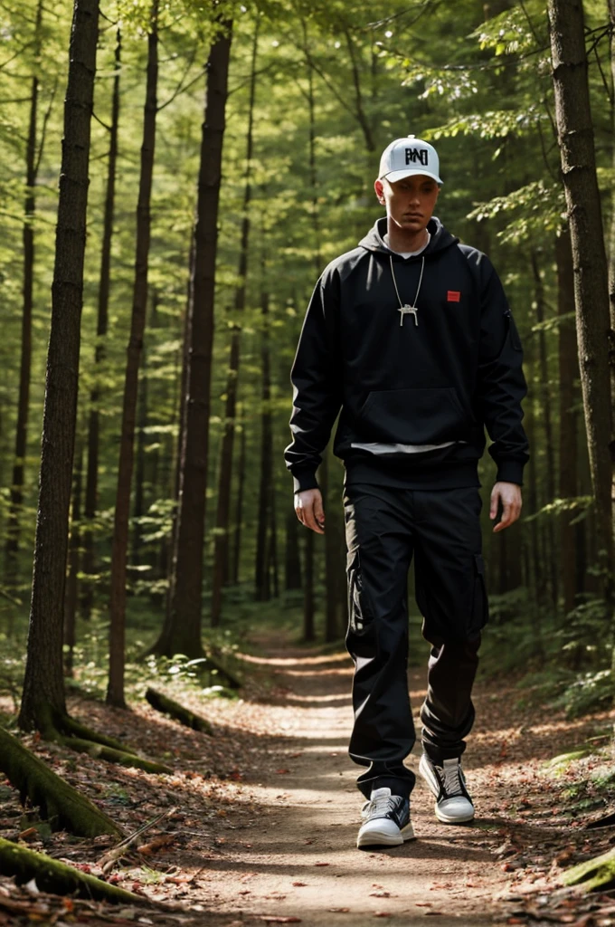 Create Eminem in a very nice and quiet forest, while walking with a microphone in his hand.