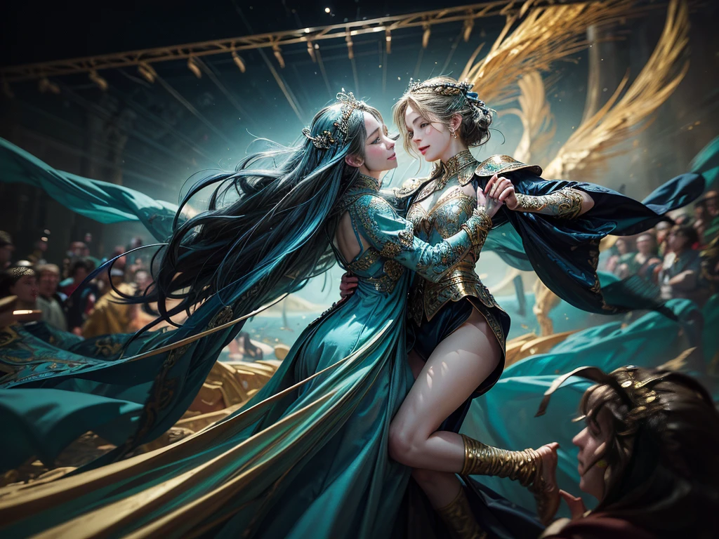 8k, elegant, majestic, digital photography, ((masterpiece)), sidelighting, hdr,  vibrant abstraction of a medieval festival, dynamic dancers twirl amidst a sea of vivid, (highly detailed face:1.5), swirling hues, evoking joy and movement