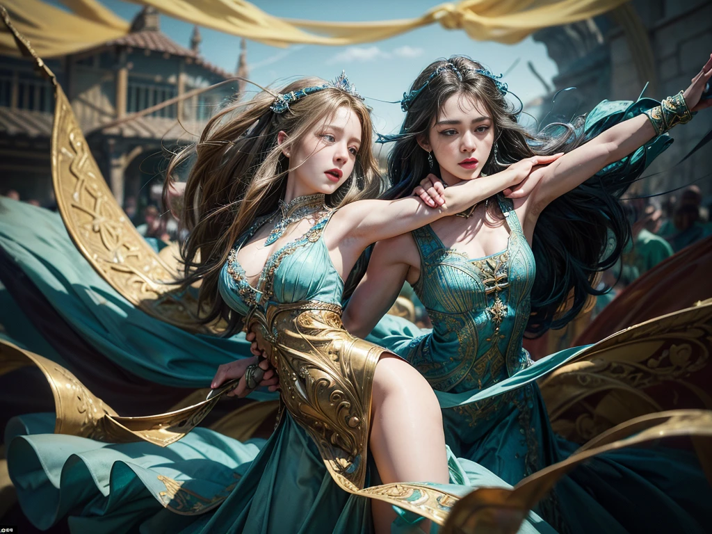 8k, elegant, majestic, digital photography, ((masterpiece)), sidelighting, hdr, vibrant abstraction of a medieval festival, dynamic dancers twirl amidst a sea of vivid, (highly detailed face:1.5), swirling hues, evoking joy and movement