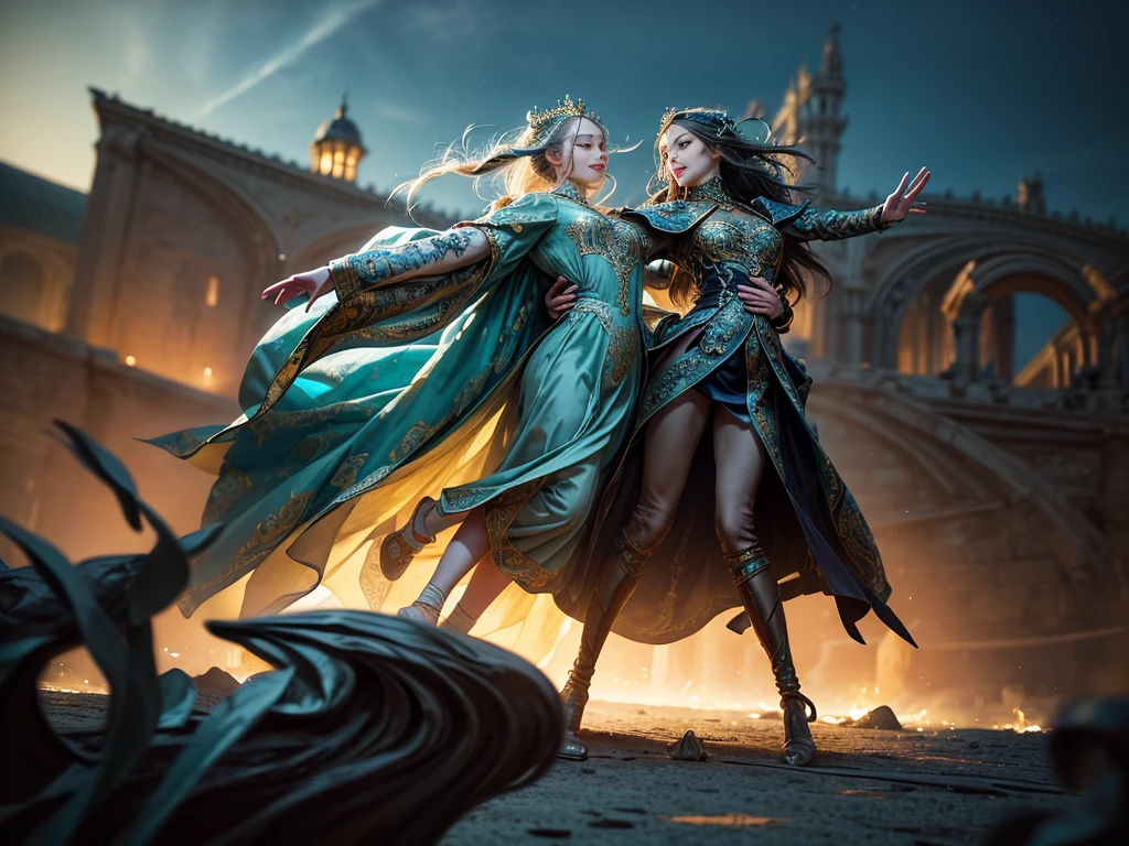 8k, elegant, majestic, digital photography, ((masterpiece)), sidelighting, hdr,  vibrant abstraction of a medieval festival, dynamic dancers twirl amidst a sea of vivid, (highly detailed face:1.5), swirling hues, evoking joy and movement