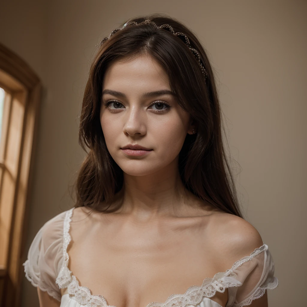 beautiful young woman in naked, long simple headscarf, serene expression, detailed facial features, intricate embroidered patterns, elegant pose, soft natural lighting, photorealistic, highly detailed, 8k, cinematic, dramatic, warm color tones