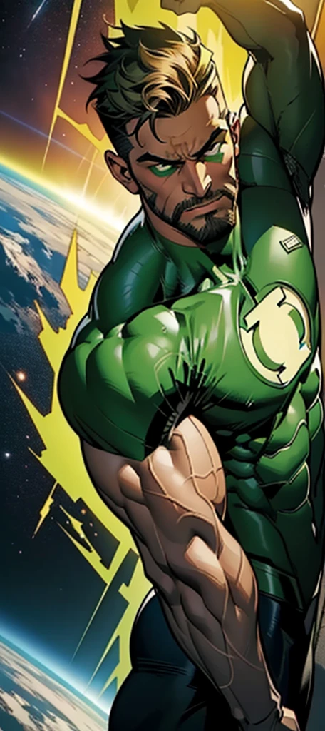 An award-winning original photo，A wild muscular man, (30 years old man:1.3), 1boy, Solo, (wearing a (green lantern) metal suit), (green ring on a finger), spikes, neon stripes, bfown hair, (big shoulder), muscular, hunk, stubbles, Short beard, (Detailed face:1.3), (beautiful eyes:1.2), really angry, Dynamic Angle, volumetric lighting, (Best quality, A high resolution, Photorealistic), Cinematic lighting, Masterpiece, RAW photo, Intricate details, hdr, depth of field, knee-up shot, in space background