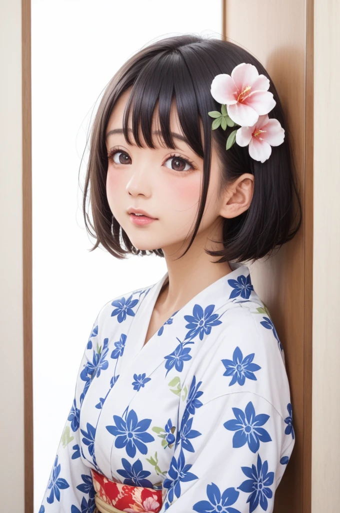 score_9,score_8_superior,score_7_superior,8k, High resolution, 、beautiful girl, bright black hair, Thin Hair, Small face, cute、Highest quality,Japanese face、small mole on the corner of the eye,((Puffy eyes))、(superior目づかい)、Short Bob、Riverbank、口角superiorがる、Beautiful legs、Flower Hair Ornaments、sexy、Sensual、Blushing、A yukata with a white background and bright red, blue and black floral patterns scattered throughout