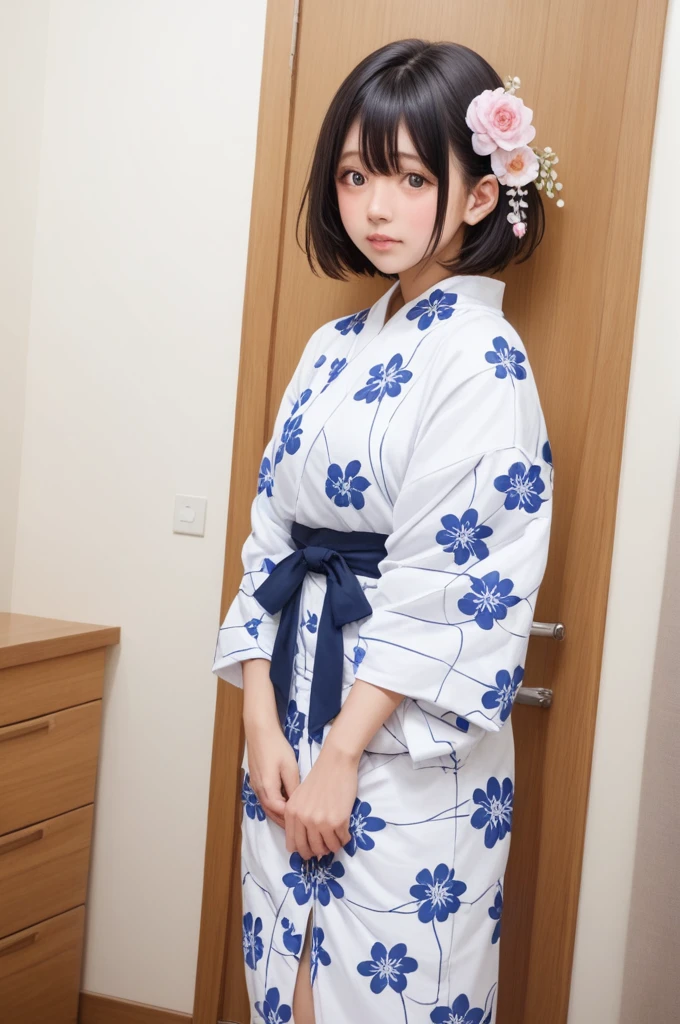 score_9,score_8_upper,score_7_upper,8k, High resolution, 5 years old、beautiful girl, bright black hair, Thin Hair, Small face, cute、Highest quality,Japanese face、small mole on the corner of the eye,((Puffy eyes))、(upper目づかい)、Short Bob、riverbank、口角upperがる、Beautiful legs、Flower Hair Ornaments、sexly、sensuous、Blushing、A yukata with a white background and bright red, blue and black floral patterns scattered throughout
