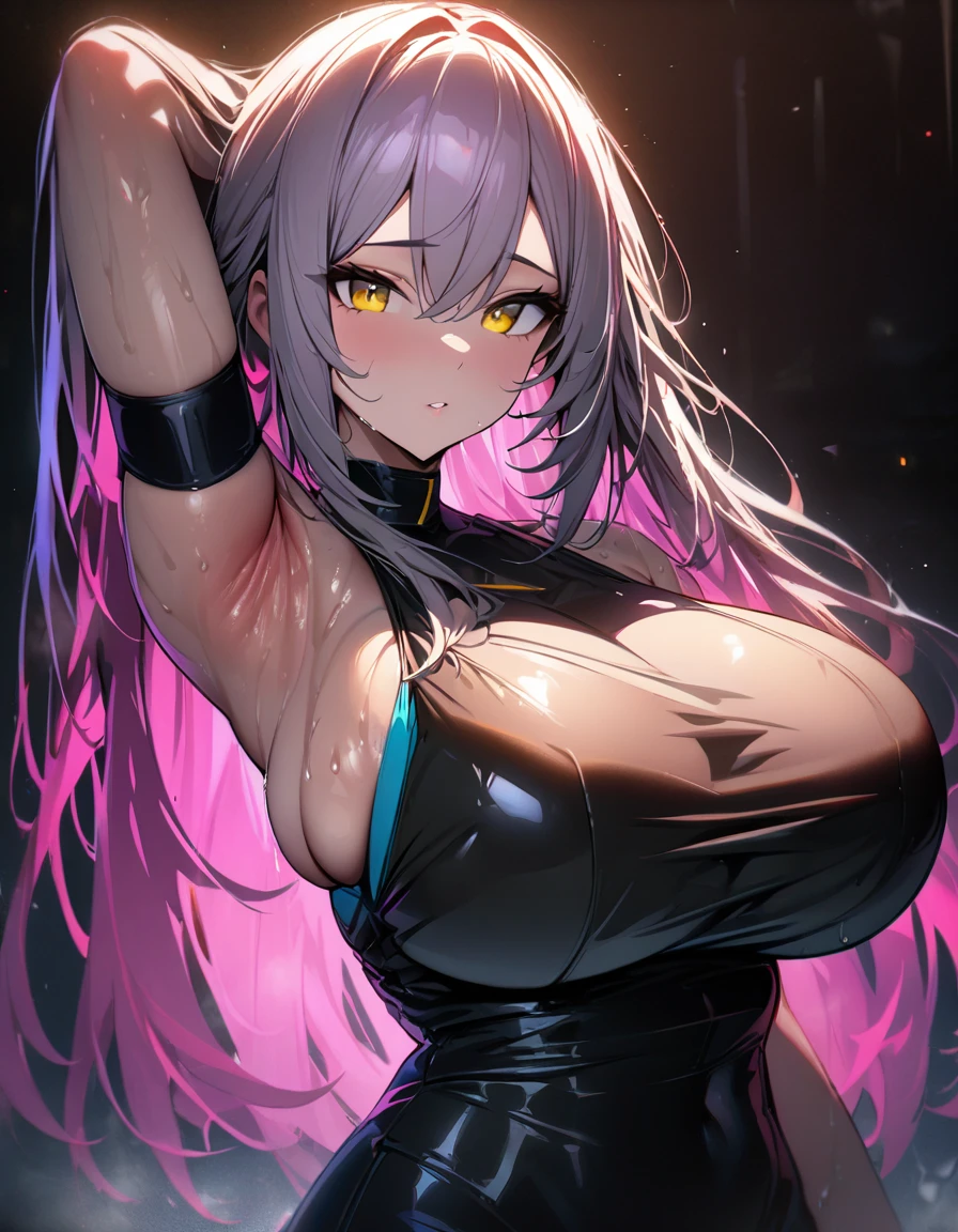 1girl,super huge breasts, pink hair, golden eyes,staring coldly,long hair, body curves, (best quality,4k,highres,masterpiece:1.2),ultra-detailed, dramatic lighting,vibrant colors,cinematic, Stelle outfit, sweaty armpits, bright skin, shiny golden eyes, golden eyes