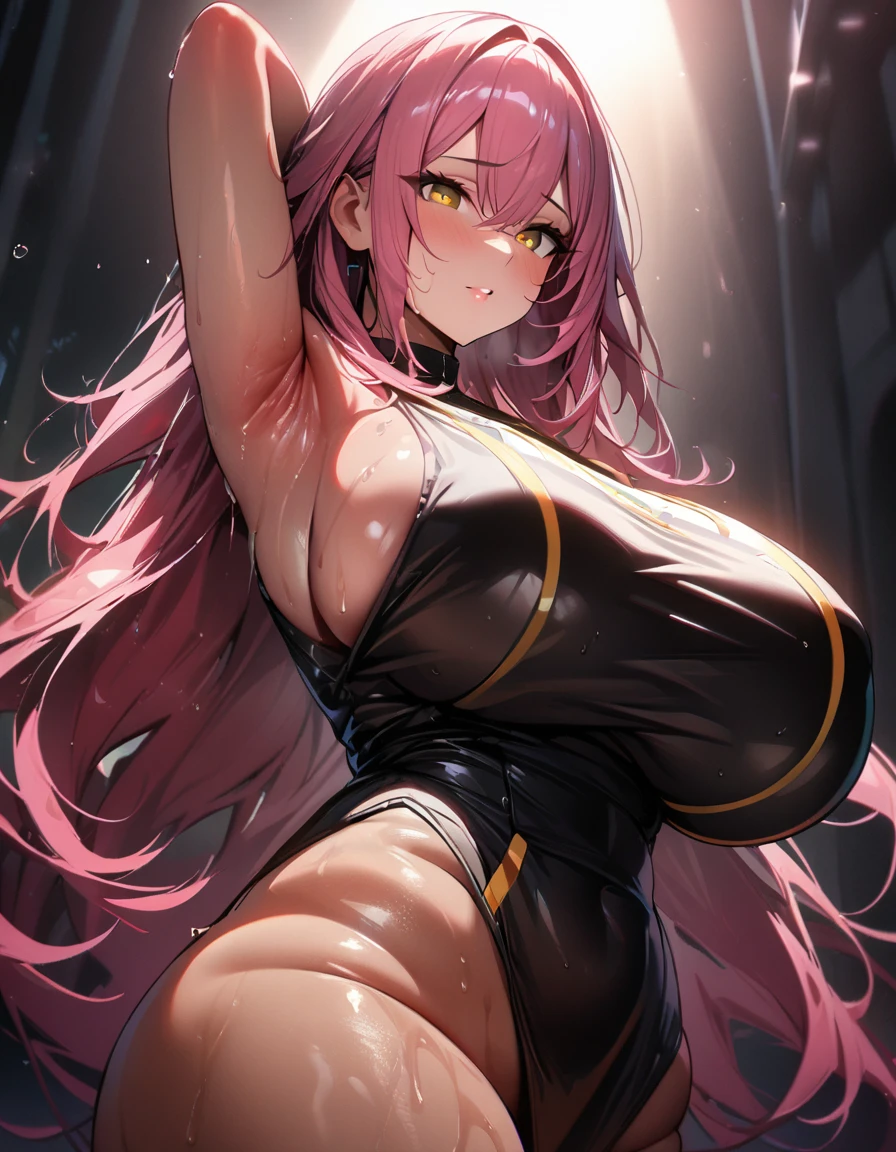 1girl,super huge breasts, pink hair, golden eyes,staring coldly,long hair, body curves, (best quality,4k,highres,masterpiece:1.2),ultra-detailed, dramatic lighting,vibrant colors,cinematic, Stelle outfit, sweaty armpits, bright skin, shiny golden eyes, golden eyes