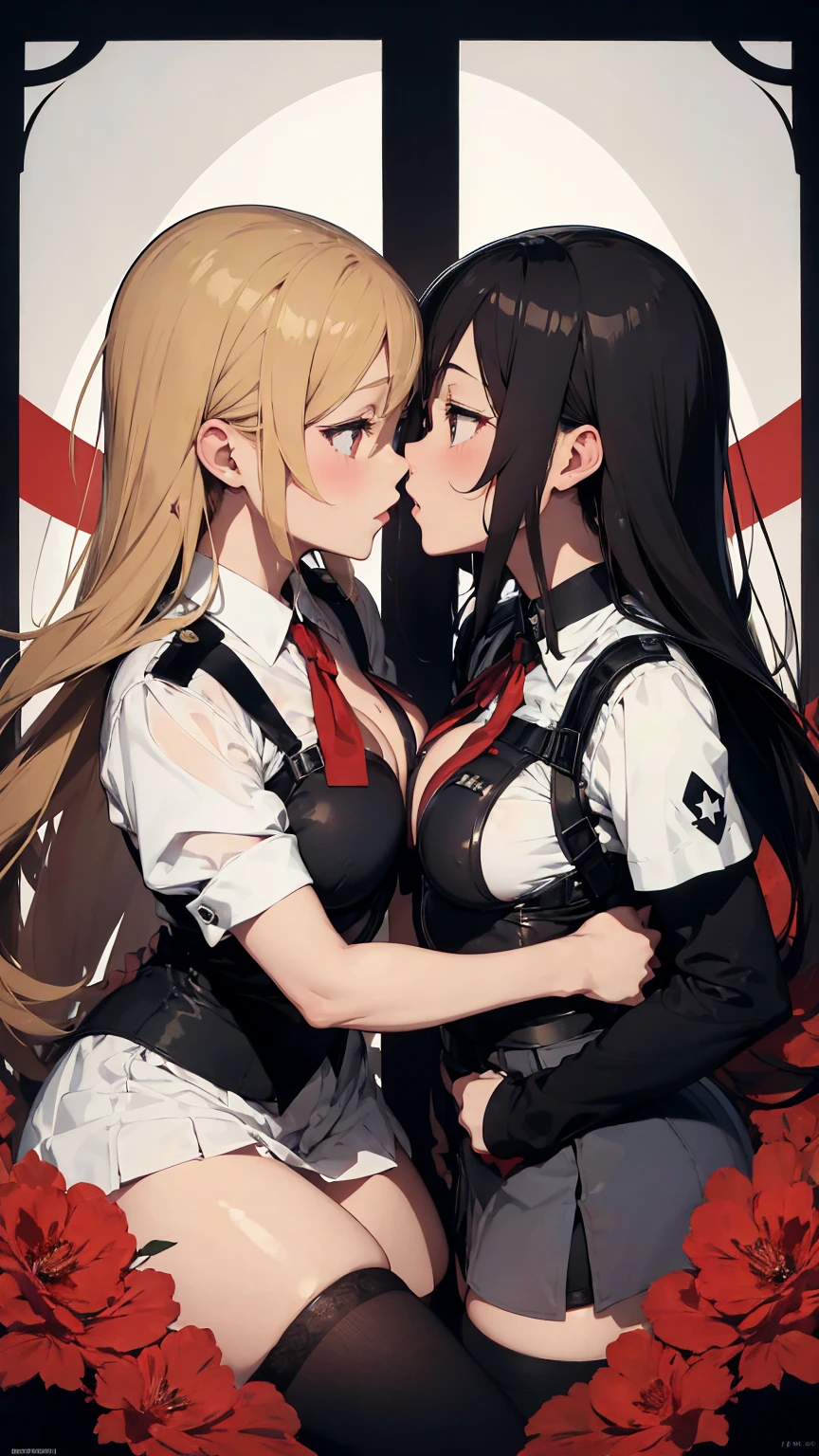 Nazi Propaganda poster. Gestapo uniform, female Nazi lesbian kawaii sisters kissing passionately wearing  Luftwaffe uniforms. 8k. masterpiece. best quality. best artwork. lingerie.  insignia. bare breasts