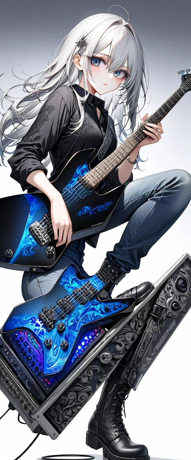 (((White background:1.2)))、(((Composition from afar:1.5))),(((full body:1.2))),Masterpiece、Ultra HD、Korean gothic metal girl playing a black electric guitar, Intricate details, Highly detailed eyes, Long silver hair、(Black shirt and jeans)、Intricate details、(((Dynamic pose:1.5)))、Wear black boots、Ultra-detailed image quality、Intense gaze at the camera、Perfect Style、８Head to Body、Playing on stage、Putting his feet on the monitor amplifier