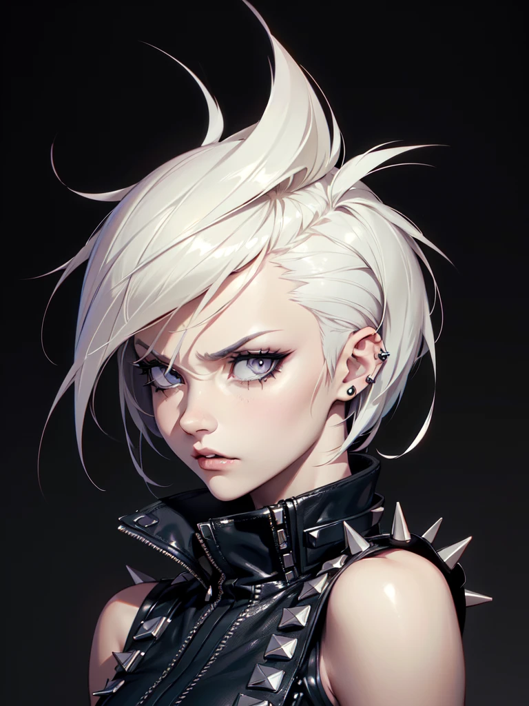 (((Portrait Photo))), She has a Fierce and Independent Appearance of a r, with a Slim and Athletic Build that Exudes Strength. Her Short, Spiky Platinum Blonde Hair is Styled in a Modern Pixie Cut, Accentuating Her Sharp Features. Her Piercing Grey Eyes Reflect Determination and Intelligence, Giving Her a Look of Intensity. She is Dressed in a Bold and Edgy Outfit, Featuring a Studded Leather Vest, Torn Skinny Jeans, and High-Top Sneakers. Her Expression is Strong and Unyielding, with a Slightly Raised Eyebrow Indicating Her No-Nonsense Attitude and Unwavering Confidence. (((High Quality, Dark Background))), (((Portrait Photo)))