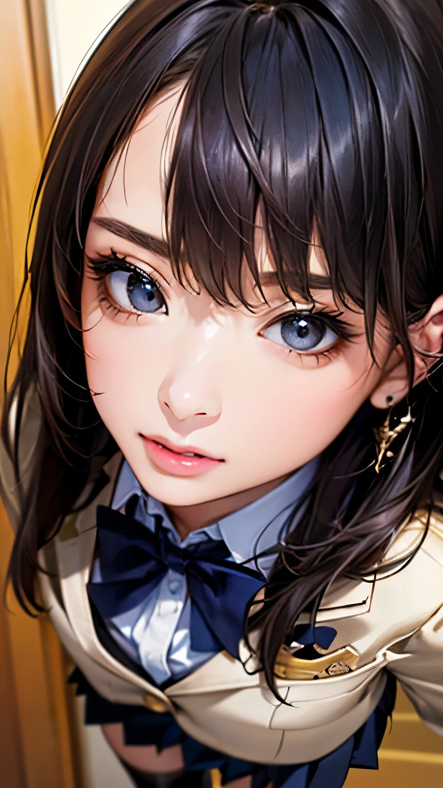 (hig彼st quality、8k、32K、masterpiece)、(Realistic)、(Realistic:1.2)、(High resolution)、Very detailed、Very beautiful face and eyes、1 girl、Delicate body、(hig彼st quality、Attention to detail、Rich skin detail)、(hig彼st quality、8k、Oil paints:1.2)、Very detailed、(Realistic、Realistic:1.37)、Bright colors、Full Body Shot, ((high school girl:1.6, Navy Blazer:1.6, Navy pleated mini skirt)), (Closed blazer, Grey bow tie, White collared shirt, Black thigh-high socks)