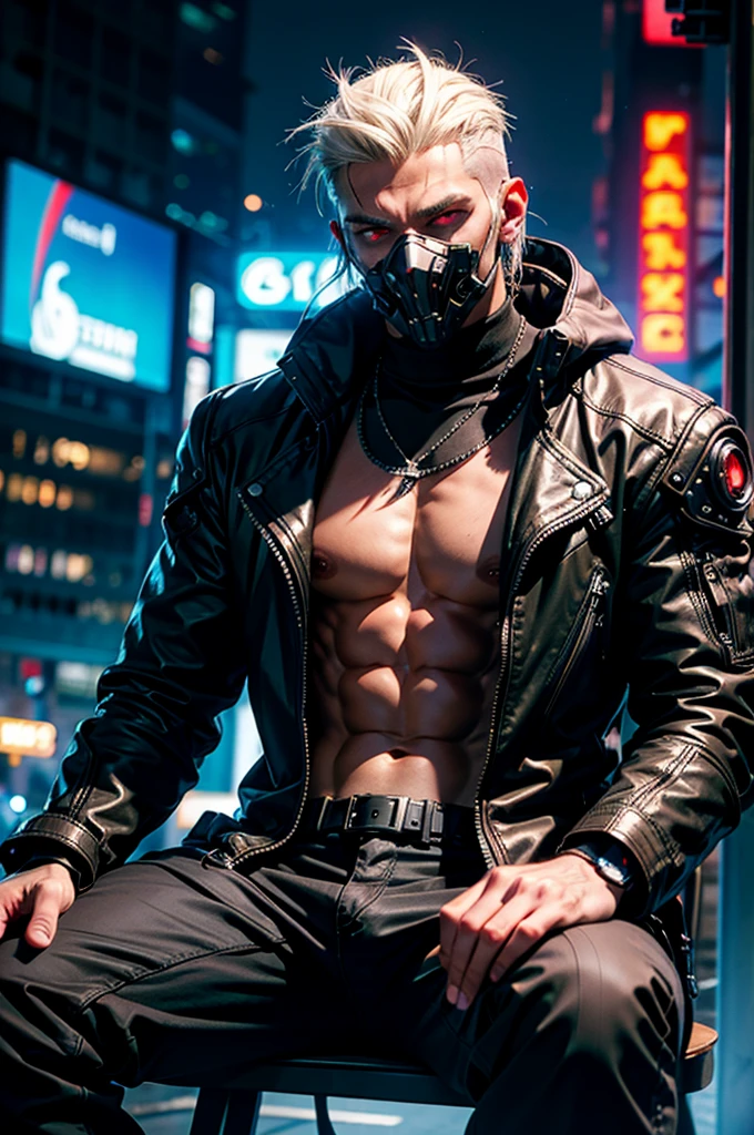 Professional photo in cyberpunk style, thigh-high photo, one man, metal skull, scar on face, metal torso, metal arms, old rusty armor, night city, neon lights, eye contact, looking at viewer, masterpiece, best quality, perfect  detail, perfect face detail, perfect eye detail, perfect skin detail, depth of field, perfect lighting
