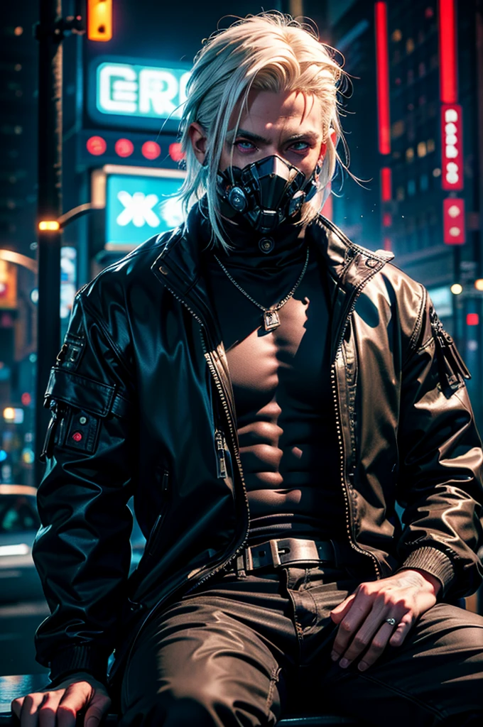 "dark theme :: closeup face focus, ultra realistic futuristic cyberpunk muscular male white hair sitting :: cyberpunk face (cyber eyes) :: cool cybernetic punk jacket red neon eyes :: shirtless:: mechanical intricate mask :: natural lighting :: bokeh :: 8k :: best quality :: masterpiece :: futuristic cityscape background"
Надпись SMAER на банерах.
SMAER