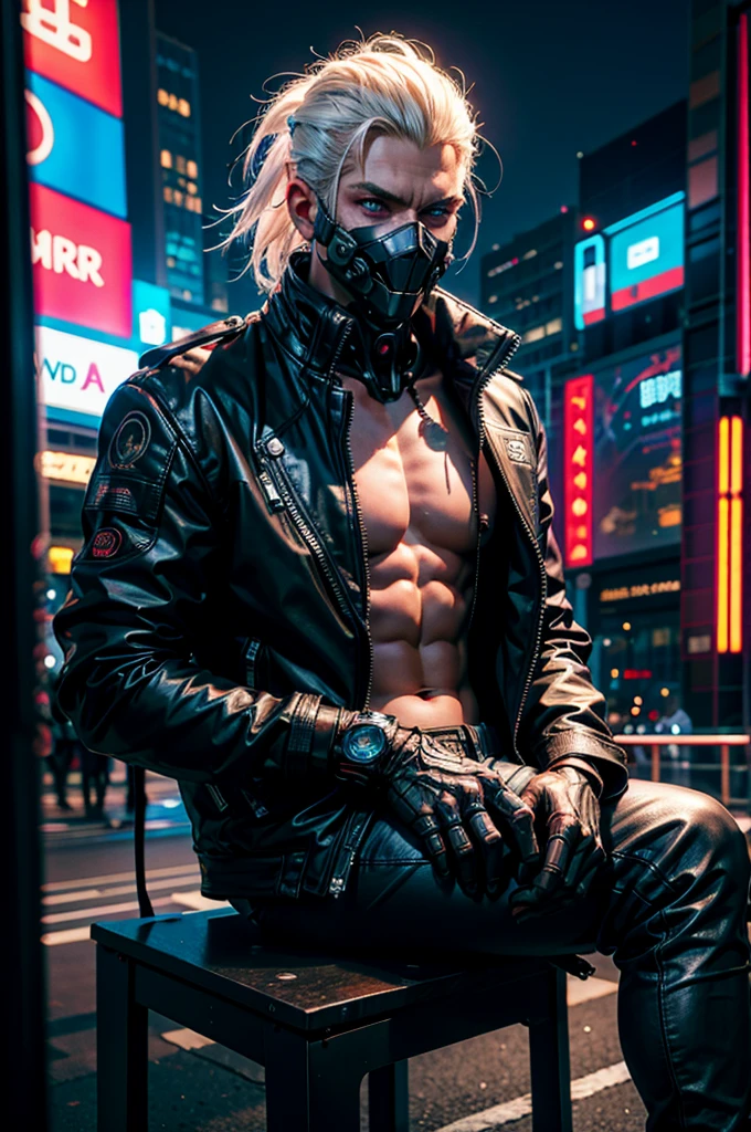 "dark theme :: closeup face focus, ultra realistic futuristic cyberpunk muscular male white hair sitting :: cyberpunk face (cyber eyes) :: cool cybernetic punk jacket red neon eyes :: shirtless:: mechanical intricate mask :: natural lighting :: bokeh :: 8k :: best quality :: masterpiece :: futuristic cityscape background"