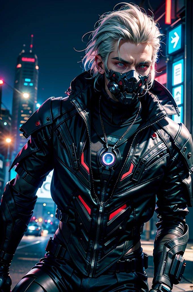"dark theme :: closeup face focus, ultra realistic futuristic cyberpunk muscular male white hair sitting :: cyberpunk face (cyber eyes) :: cool cybernetic punk jacket red neon eyes :: shirtless:: mechanical intricate mask :: natural lighting :: bokeh :: 8k :: best quality :: masterpiece :: futuristic cityscape background"
Надпись SMAER на банерах.
SMAER