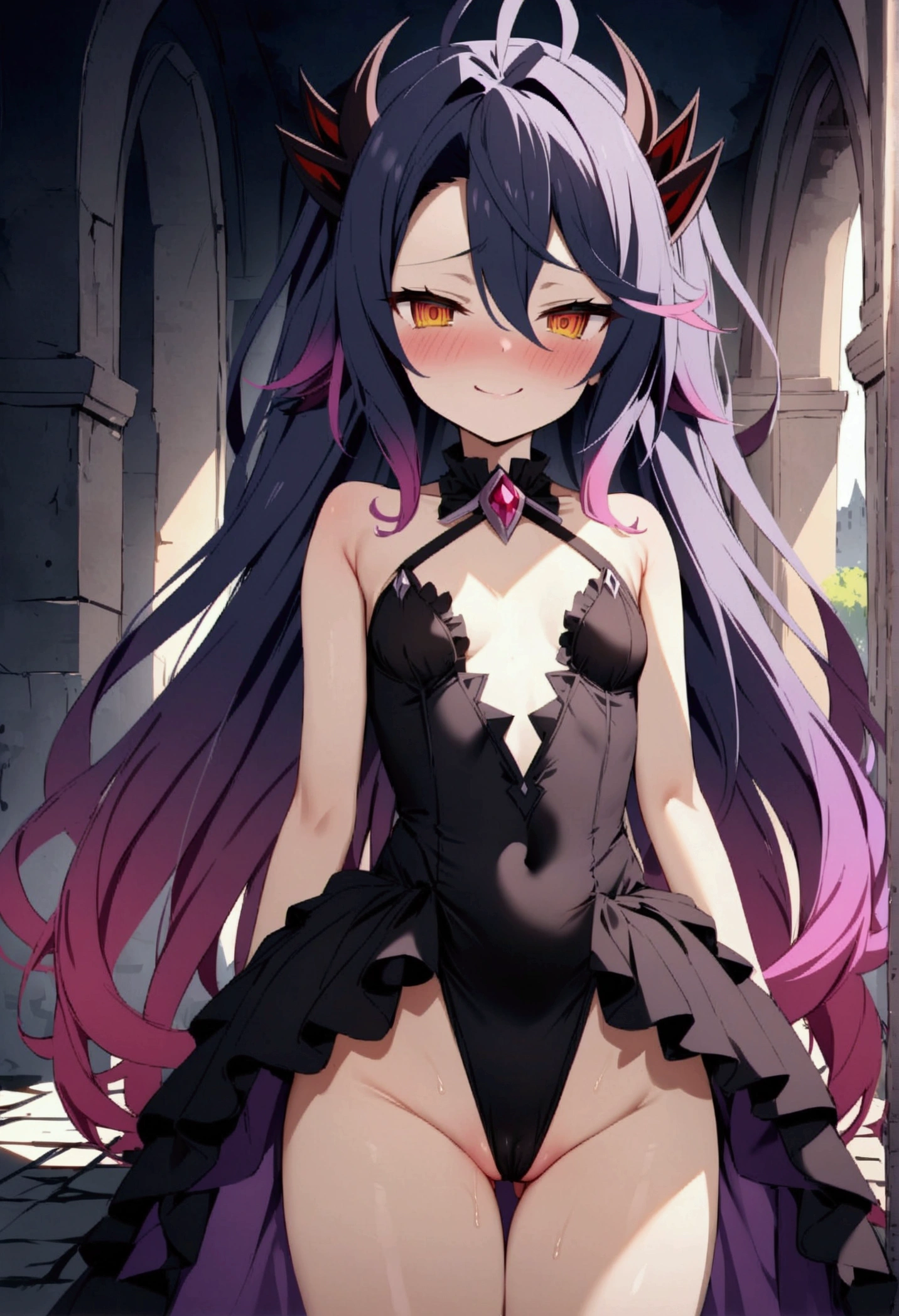 NSFW,masterpiece,Highest quality,High resolution,Very detailed,white\(no game No life\),Small breasts,Multicolored Hair,Gradient Hair,Bad smile,blush,(devil),devilの角,devilのしっぽ,devilの羽,High-quality black frill dress,leotard,Abandoned Castle