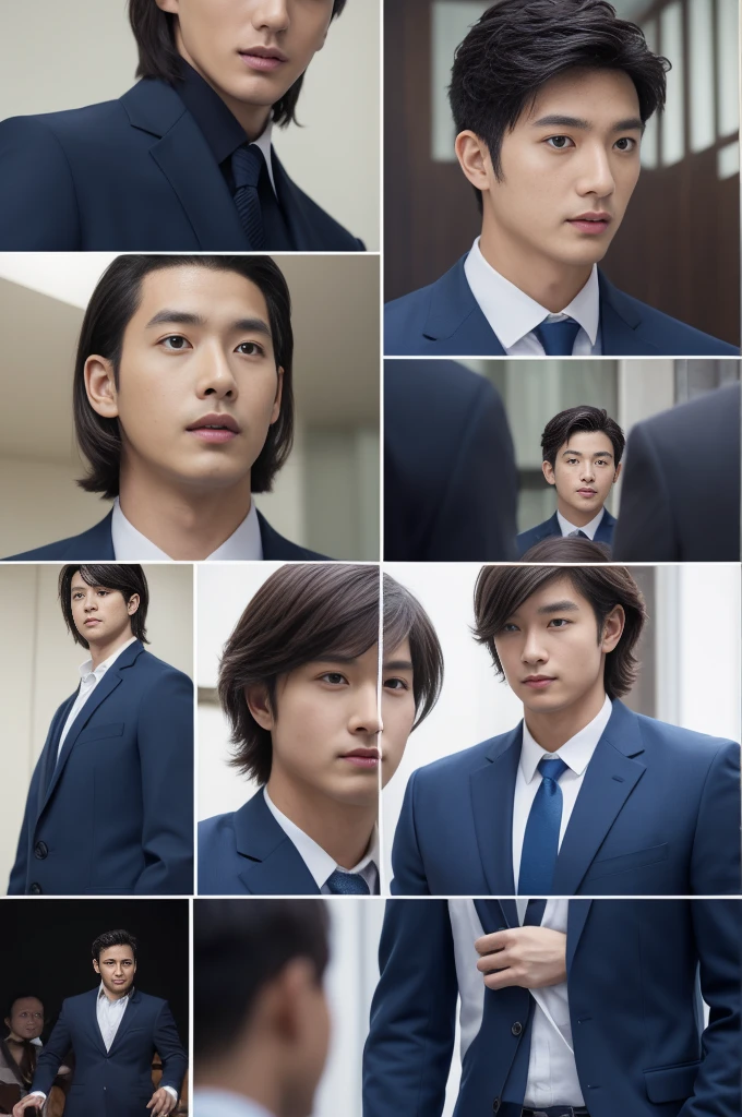 ((Realistic lighting, Best quality, 8K, Masterpiece: 1.3)), Clear focus: 1.2, 1man, Front lens, Perfect figure beauty: 1.4, ((dark brown hair, back flip hair)), (Jacket with suit underneath shirt and trousers: 1.4), (In the live room: 1.8), Super fine face, fine eyes, smile, handsome man, short hair,