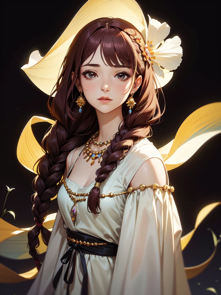 (((Portrait Photo))), She has an Artistic and Whimsical Appearance of a Young Adult, with a Lithe and Graceful Build that Radiates Creativity. Her Long, Auburn Hair is Often Styled in Loose Braids, Adorned with Small Flowers or Colorful Beads. Her Hazel Eyes are Bright and Reflect a Sense of Imagination and Passion. She is Dressed in a Bohemian-Inspired Outfit, Featuring a Flowing Maxi Dress, Layered Jewelry, and Sandals. Her Expression is Dreamy and Serene, with a Soft Smile Indicating Her Gentle Spirit and Artistic Soul, Making Her Appear Effortlessly Charming and Unique. (((High Quality, Dark Background))), (((Portrait Photo)))