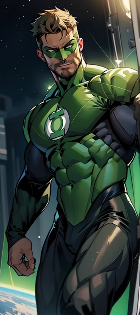 An award-winning original photo,A wild muscular man, (30 years old man:1.3), 1boy, Solo, (Stephen AMELL wearing a (green lantern) metal suit), (green ring on a finger), spikes, neon stripes, bfown hair, (big shoulder), muscular, hunk, stubbles, Short beard, (Detailed face:1.3), (beautiful eyes:1.2), really angry, Dynamic Angle, volumetric lighting, (Best quality, A high resolution, Photorealistic), Cinematic lighting, Masterpiece, RAW photo, Intricate details, hdr, depth of field, knee-up shot, in space background