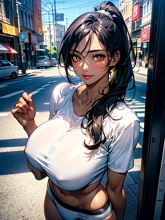 (Artwork: 1.2), (best quality, Official Artwork, Masterpiece, 8k, HD, Ultra-Detailed), thai woman, mature, tall (2.11), a beautiful 40 year old woman, dark skin, (super highponytail), ultra realistic eye, ultra-detailed eye,  eyes well proportioned to your face, extremely detailed eye, perfect eye, extremely realistic eye, well-lined eye, long eyelashes,black hair, Anime style, perfect face, face that looks about 40 years old, full lips, smiling, mature, Dark skin, natural body, sexy body, slim body, (ideal body proportion), perfect hands, detailed hands, fine hands proportioned to the body, realistic hands, arms with good anatomy,  bikini  ,huge and large breasts , ((woman with dark skin, detailed red and yellow eyes, and full lips)), Looking at the viewer, configuration of background, (((Cities of the near future))), ((CCTV cameras)),ultra-detailed, 