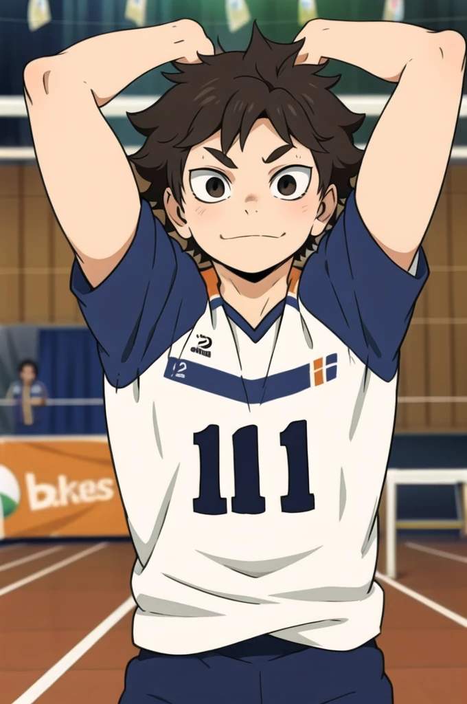 masterpiece, Best Quality, ultra detailed, animated style, backstroke volleyball boy, black and messy hair, with legend that says daler on his back, number 129 on his back, raising your arms, Looking up