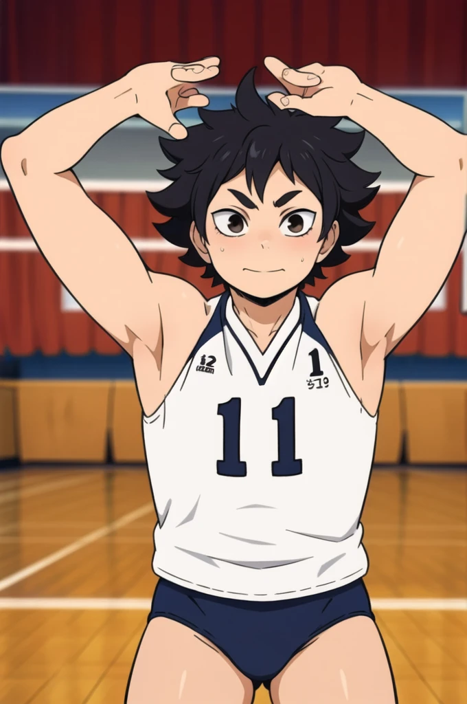 masterpiece, Best Quality, ultra detailed, animated style, backstroke volleyball boy, black and messy hair, with legend that says daler on his back, number 129 on his back, raising your arms, Looking up