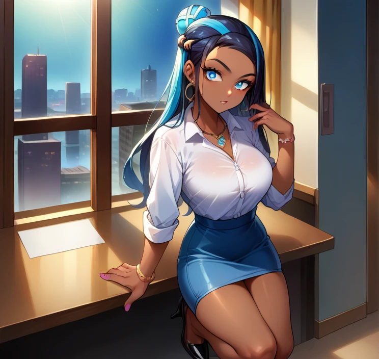 score_9, score_8_up,score_7_up, source_anime, 1girl, solo, EPpkNessa, blue eyes, black hair, blue hair, streaked hair, single hair bun, dark skin, dark-skinned female, necklace, ear piercing,bottonup shirt,high-waist skirt,pantyhoes,heels,office, at a dark room, at night , city view from the window, gyaru,