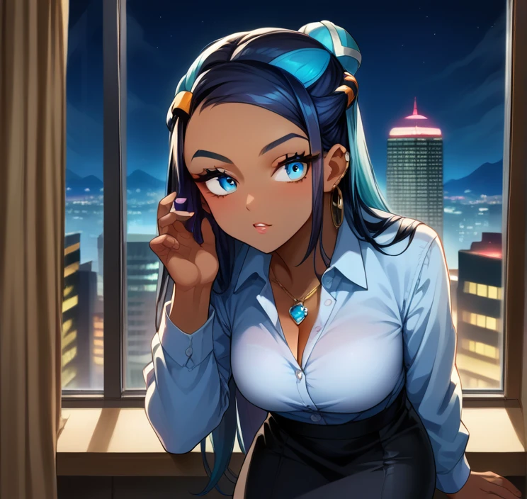 score_9, score_8_up,score_7_up, source_anime, 1girl, solo, EPpkNessa, blue eyes, black hair, blue hair, streaked hair, single hair bun, dark skin, dark-skinned female, necklace, ear piercing,bottonup shirt,high-waist skirt,pantyhoes,heels,office, at a dark room, at night , city view from the window, gyaru,