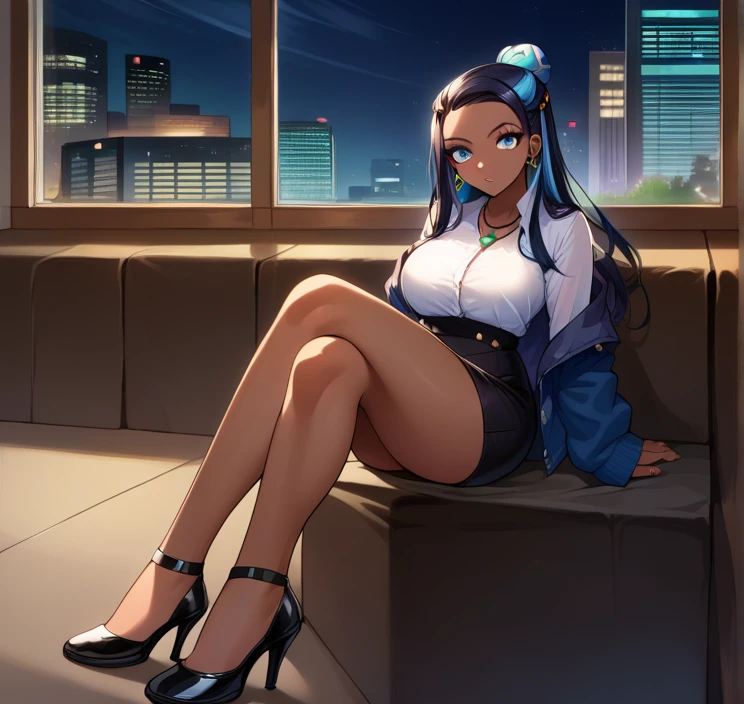 score_9, score_8_up,score_7_up, source_anime, 1girl, solo, EPpkNessa, blue eyes, black hair, blue hair, streaked hair, single hair bun, dark skin, dark-skinned female, necklace, ear piercing,bottonup shirt,high-waist skirt,pantyhoes,heels,office, at a dark room, at night , city view from the window, gyaru,